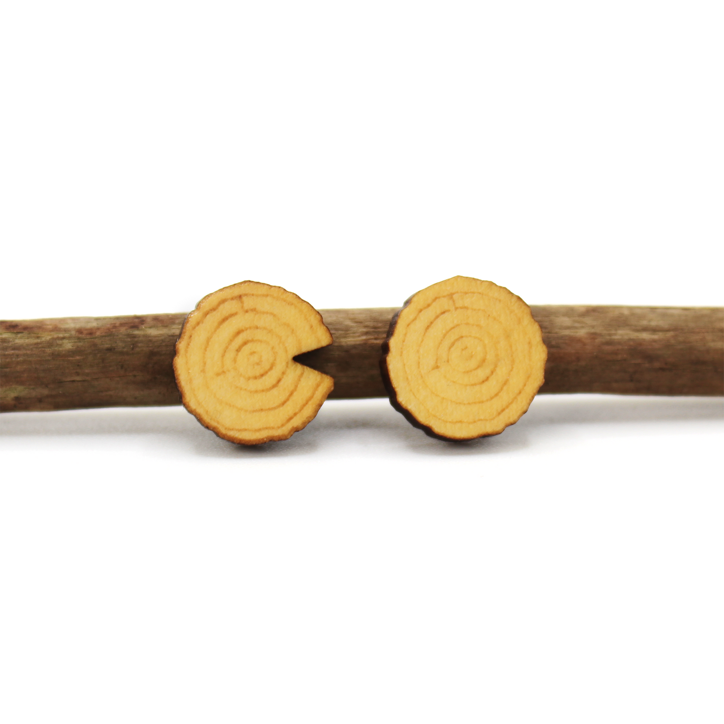 Treestump Earrings engraved wood ring pattern